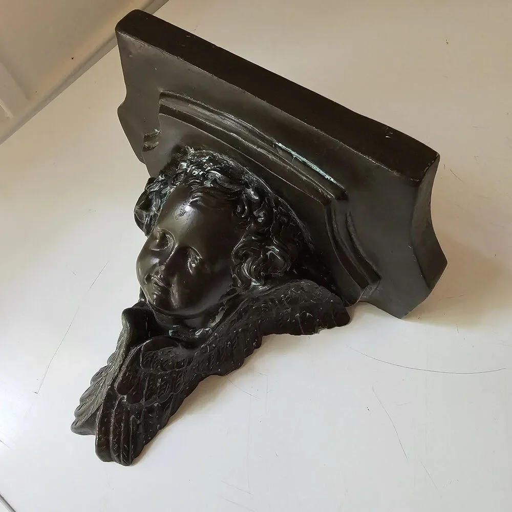 Vintage Cherub Angel Wall Sconce Shelf Heavy Faux Patina Old America 1980s Decor